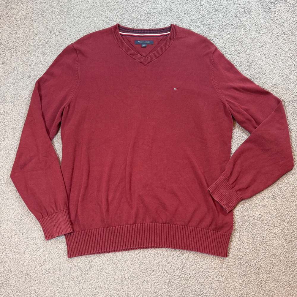 Tommy Hilfiger Mens V-Neck Sweater Burgundy Red Cotton Blend Pullover Large